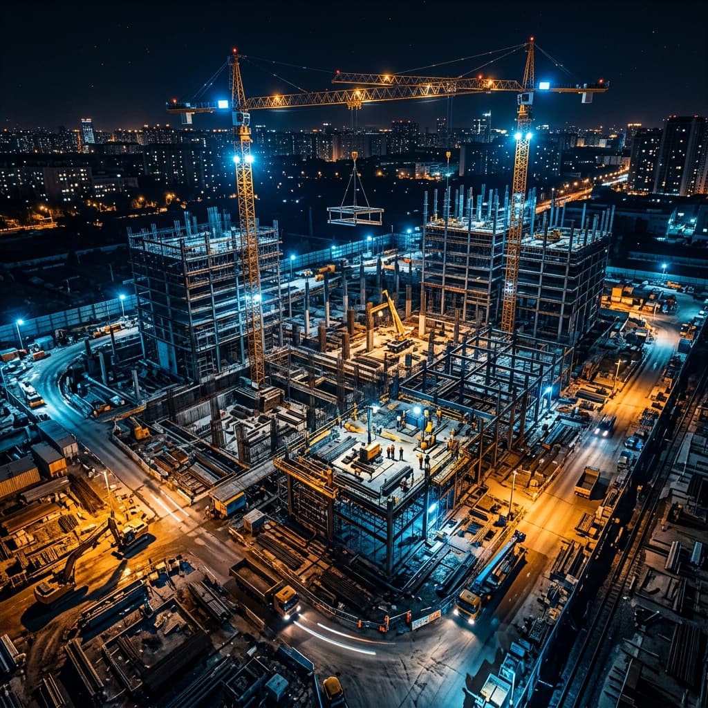 Aerial view of industrial site at night